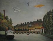 Henri Rousseau View of the Pont Sevres and the Hills of Clamart, Saint-Cloud, and Bellevue with Biplane, Ballon and Dirigible By Henri Rousseau oil painting artist